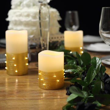 Set of 3 Gold Flameless LED Remote Operated Pillar Candles Wrapped With Fairy String Lights, Battery Powered - 4", 5", 6"