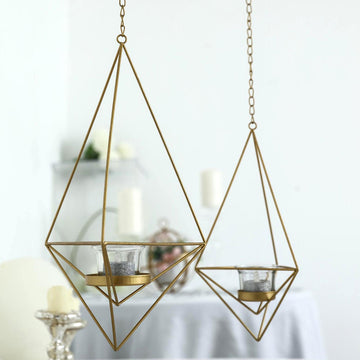 Set Of 2 Gold Geometric Hanging Tealight Candle Holders, Diamond Shaped Open Frame Metal Terrarium Planters - 12", 15"