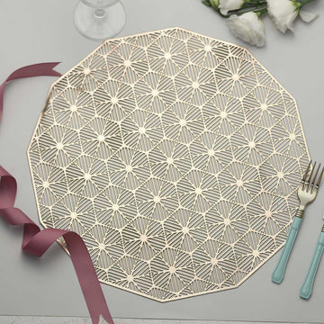 6 Pack 15" Gold Geometric Woven Vinyl Placemats, Non-Slip Dining Table Mats