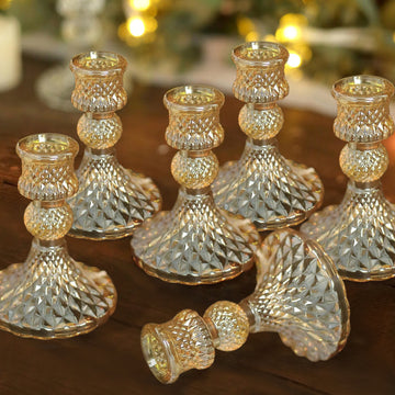 6 Pack 4" Gold Glass Diamond Pattern Pillar Votive Candle Stands, Reversible Crystal Taper Candlestick Holders