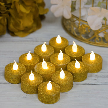 12 Pack Gold Glitter Flameless LED Candles Battery Operated Tea Light Candles