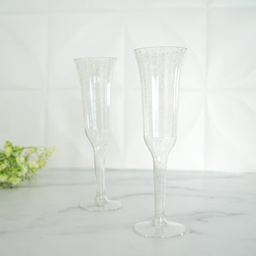 12 Pack 6oz Gold Glitter Sprinkled Clear Plastic Champagne Flutes, Disposable Flared Glasses With Detachable Base