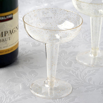 12 Pack 3oz Gold Glittered Clear Plastic Coupe Cocktail Glasses, Disposable Daiquiri Glasses