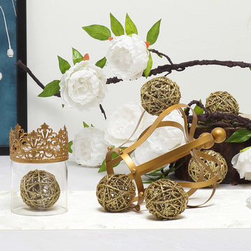 6 Pack 3" Gold Glittered Handmade Twine Ball Vase Fillers, DIY Craft Wicker Balls