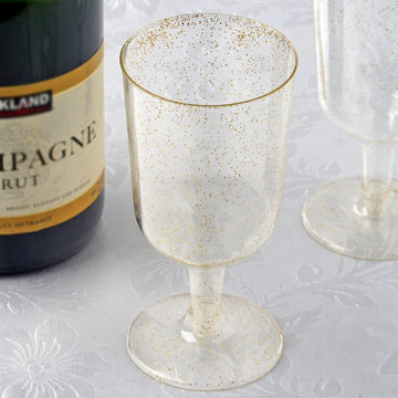 12 Pack 7oz Gold Glittered Plastic Short Stem Wine Glasses, Disposable Party Cups