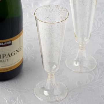 12 Pack 5oz Gold Glittered Short Stem Plastic Champagne Glasses, Disposable Trumpet Flutes With Detachable Base