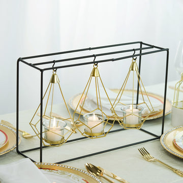 3 Pack 8" Gold Hanging Geometric Tealight Candle Holders with 10" Tall Black Iron Stand