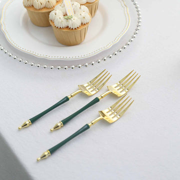 24 Pack 6" Gold Hunter Emerald Green Plastic Dessert Forks With Roman Column Handle, European Style Disposable Utensils