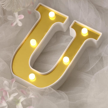 6" Gold 3D Marquee Letters - Warm White 5 LED Light Up Letters - U