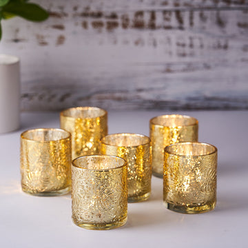 6 Pack Gold Mercury Glass Palm Leaf Candle Holders, Votive Tealight Holders