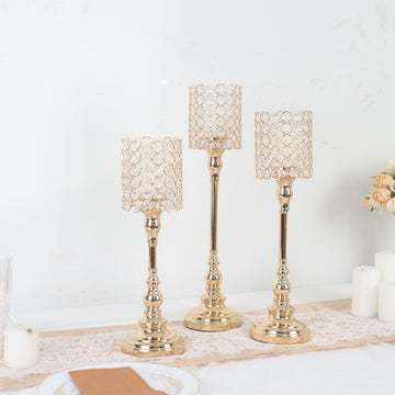 Set of 3 Gold Metal Crystal Beaded Goblet Tea Light Candle Holders, Votive Candle Stand Centerpieces - 18", 16", 14"
