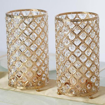 2 Pack 9” Gold Metal Crystal Beaded Pillar Votive Candle Holder Set, Multipurpose Crystal Stem Vase