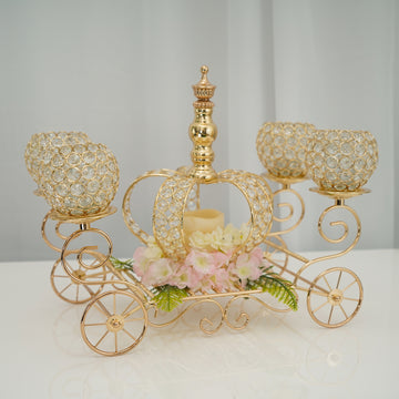 18" Gold Metal 4-Arm Crystal Cinderella Carriage Candle Holder Centerpiece