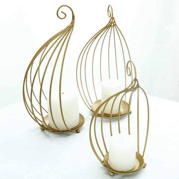 Set of 3 Gold Metal Hanging Wrought Iron Candle Holder Stands, Bird Cage Style Centerpieces