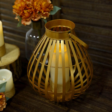Gold Metal Open Weave Basket Candle Lantern Indoor Patio Centerpiece with Handle - 17" Tall