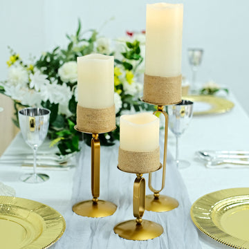 Set of 3 Gold Metal Oval Frame Pillar Candle Holder Stands, Geometric Table Centerpieces - Assorted Sizes