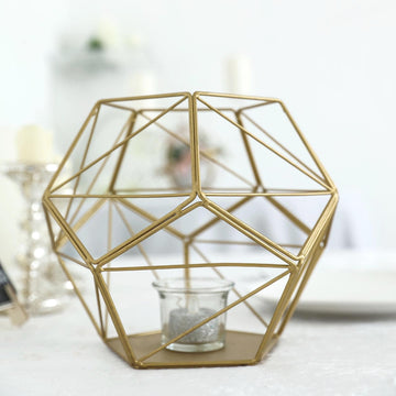 7" Gold Metal Pentagon Prism Tealight Candle Holder, Open Frame Geometric Flower Stand