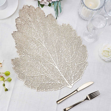 6 Pack 18" Gold Metallic Fall Leaf Vinyl Placemats, Non-Slip Dining Table Mats