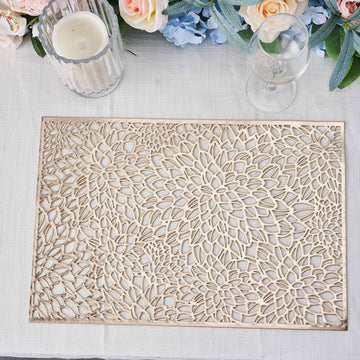 6 Pack 12"x18" Gold Metallic Floral Vinyl Placemats, Non-Slip Rectangle Dining Table Mats