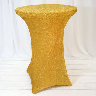 Elevate Your Event Decor with the Gold Metallic Shiny Glittered Spandex Cocktail Table Cover