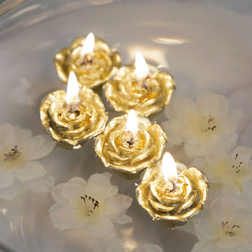12 Pack 1" Gold Mini Rose Flower Floating Candles Wedding Vase Fillers