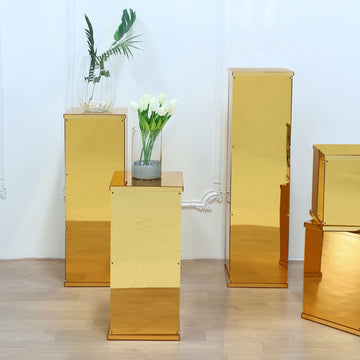 Set of 5 Gold Mirror Finish Acrylic Display Boxes, Pedestal Risers with Interchangeable Lid and Base - 12",16",24",32",40"