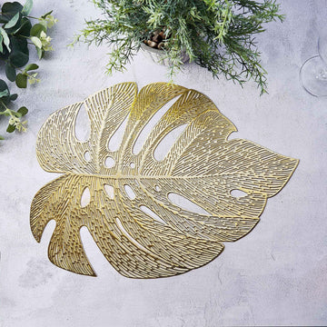 6 Pack 18" Gold Monstera Leaf Vinyl Placemats, Non-Slip Dining Table Mats