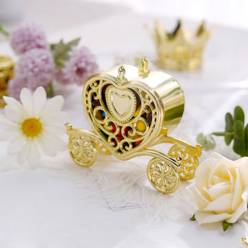12 Pack 4" Gold Princess Heart Carriage Treats Party Favor Boxes, Candy Container Gift Boxes