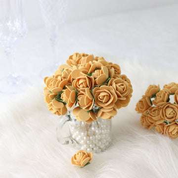 48 Roses 1" Gold Real Touch Artificial DIY Foam Rose Flowers With Stem, Craft Rose Buds