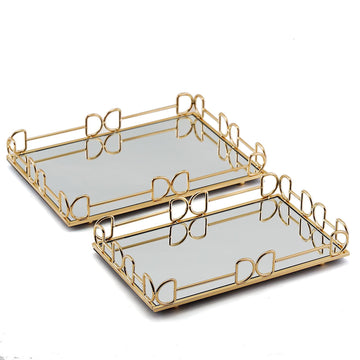 Set of 2 Gold Rectangle Mirror Decorative Vanity Serving Trays - 13"x9" 14"x10"