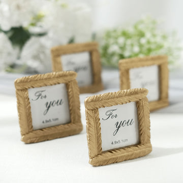 4 Pack Gold Resin 3" Mini Square Vintage Feather Party Favors Picture Frames, Wedding Card Place Holder