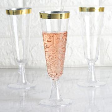 12 Pack 5oz Gold Rim Clear Short Stem Plastic Champagne Glasses, Disposable Trumpet Flutes With Detachable Base