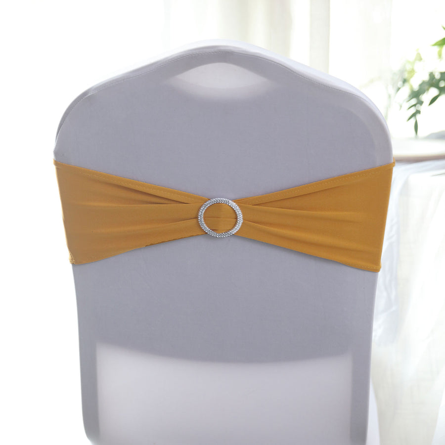 5 pack | 5"x14" Gold Spandex Stretch Chair Sash with Silver Diamond Ring Slide Buckle