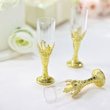 12 Pack 4" Gold Stem Clear Plastic Mini Champagne Flute Glasses, Party Favor Gift Candy Containers