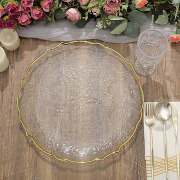 8 Pack 13" Gold Sunflower Scalloped Rim Clear Glass Charger Plates