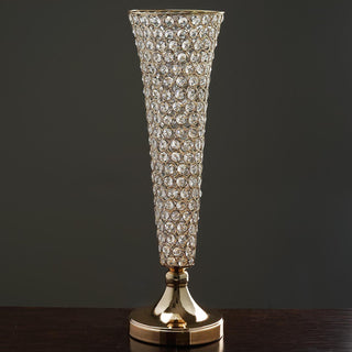 Add Elegance to Your Event with the Gold 22” Tall Crystal Beaded Trumpet Vase Set