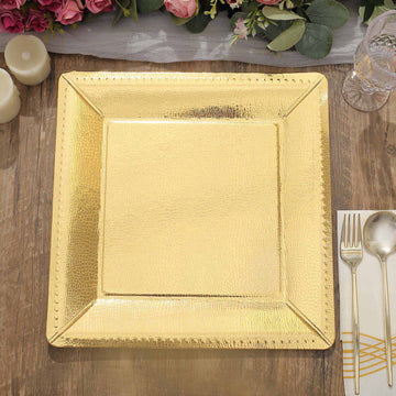 10 Pack 13" Gold Textured Disposable Square Charger Plates, Leather Like Cardboard Serving Trays - 1100 GSM