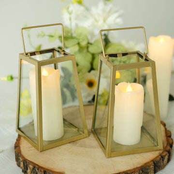 2 Pack Gold 6" Trapezoid Metal Candle Lanterns, Geometric Hanging Terrariums, Table Centerpiece, Indoor Dry Outdoor Planter Lantern