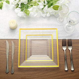 Elegant and Versatile 7" Gold Trim Clear Disposable Square Salad Plates