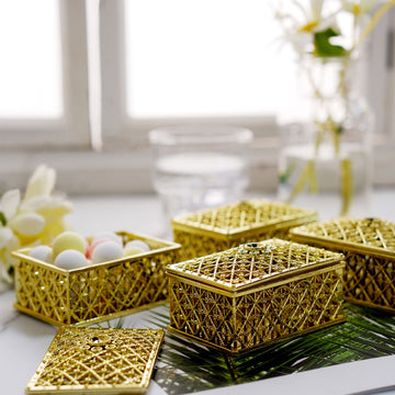 12 Pack 3" Gold Vintage Rectangular Party Favor Jewelry Boxes, Hollow Gift Box Candy Containers