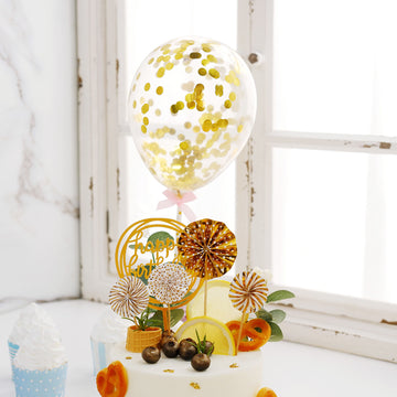6 Pcs Gold White Happy Birthday Cake Topper, 4 Mini Paper Fans and Gold Confetti Balloon Decor