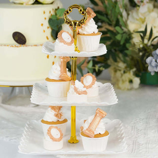 Elevate Your Dessert Display with the 13" 3-Tier White Gold Wavy Square Edge Cupcake Stand Elevate Your Dessert Display with the 13" 3-Tier White Gold Wavy Square Edge Cupcake Stand