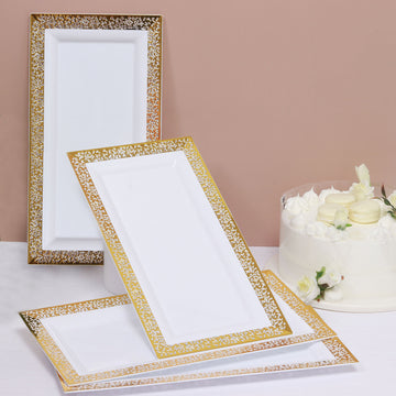 4 Pack 14" Gold and White Lace Print Rectangular Plastic Serving Trays, Decorative Coffee Table Trays