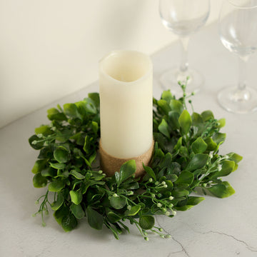2 Pack 4" Green Artificial Boxwood Leaf Pillar Candle Ring Wreaths
