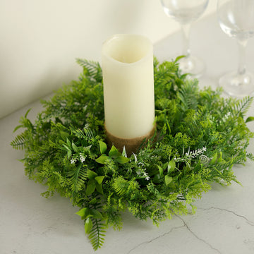 2 Pack 4" Green Artificial Fern Leaf Mix Pillar Candle Ring Wreaths