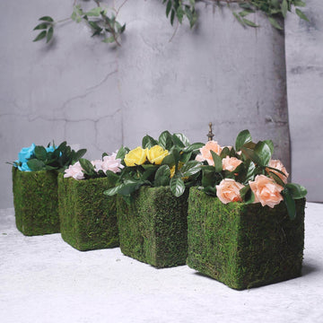 4 Pack 6" Green Preserved Moss Covered Square Planter Boxes, Flower Baskets with Inner Lining