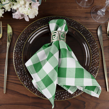 5 Pack Green White Buffalo Plaid Cloth Dinner Napkins, Gingham Style 15"x15"