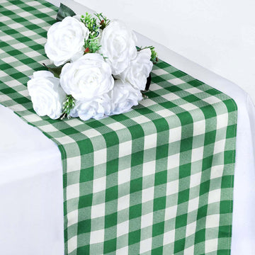 14"x108" Green White Gingham Polyester Checkered Table Runner, Buffalo Plaid Table Runner