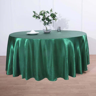 Add Elegance to Your Event with the 120" Hunter Emerald Green Seamless Satin Round Tablecloth Add Elegance to Your Event with the 120" Hunter Emerald Green Seamless Satin Round Tablecloth