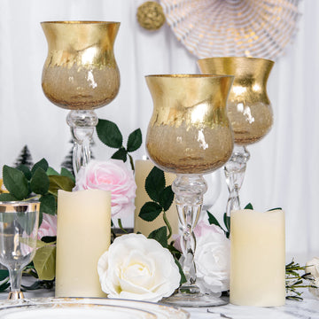 Set of 3 Hurricane Long Stem Gold Foil Crackle Glass Vases Candle Holder Set - 16",14",12"